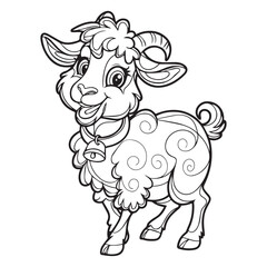  A black and white line art illustration of a charming cartoon goat standing in a playful pose with large, expressive eyes and a cheerful smile.