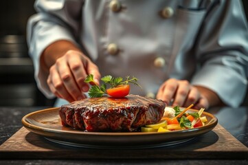 chef hands cooking beef steak