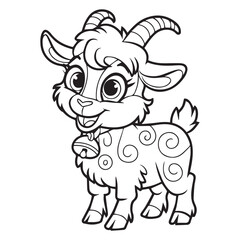  A black and white line art illustration of a charming cartoon goat standing in a playful pose with large, expressive eyes and a cheerful smile.