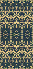 Seamless gold vintage pattern, dark background for fabric, wallpaper.