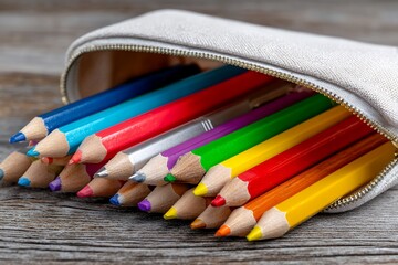 Vibrant colored pencils in beige pouch on wooden surface