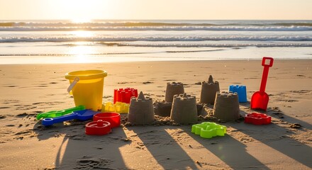 Sandcastles and beach toys on a sandy beach with ocean waves in the background during golden hour light