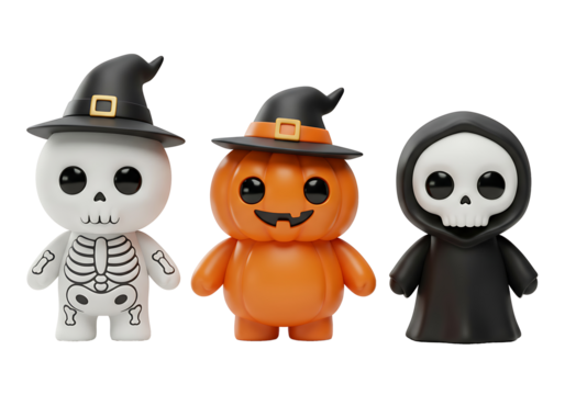 Three cute halloween characters a pumpkin a skeleton and the grim reaper wearing witch hats isolated on transparent background