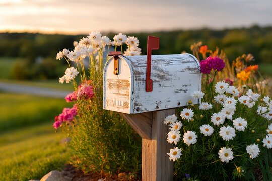 Vintage mailbox surrounded by colorful flowers in scenic countryside at sunset