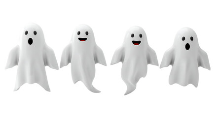 Obraz premium Four cute cartoon ghosts with different expressions isolated on transparent background