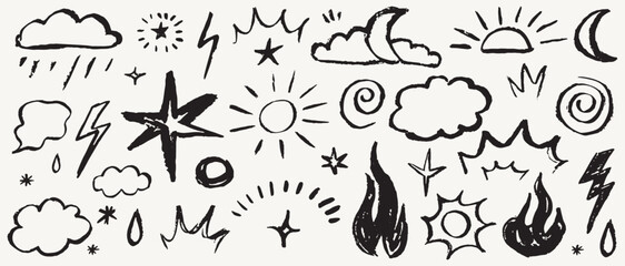 Chalk kid cloud weather symbols set. Vector illustrations of stars, clouds, moon, sun, and thunder isolated for travel blog, meteorology forecast in crayon, charcoal or chalk style. Weather scribble.