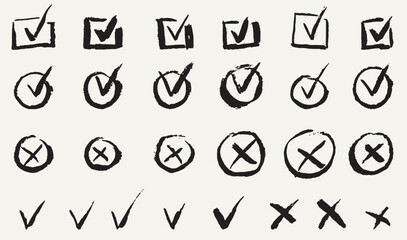 Check mark doodle set in ink, chalk or charcoal style. Yes, no vote, checkbox or checklist, tick cross signs, v and x concept. Hand drawn check marks in round or rectangular frames vector illustration