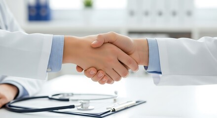 Two doctors shaking hands over a desk with a stethoscope and clipboard