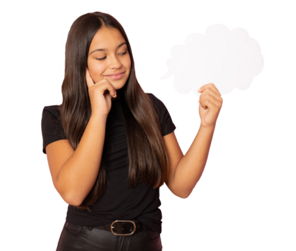 Young pensive girl wearing dark clothes holding paper cloud copy space isolated over transparent background. PNG.