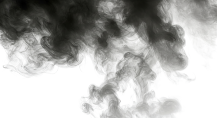 Dark smoke swirling and drifting against a bright transparent background