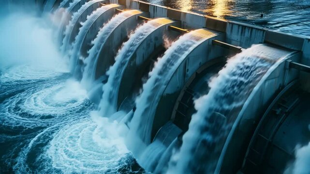 Hydroelectric dam releasing powerful water flow and energy over large metal spillways into river with cascading streams, swirling currents, and dynamic water power generation scene