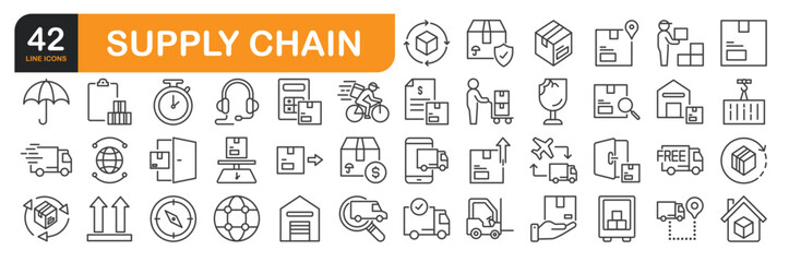 Set of line icons related to Supply Chain, Inventory, Delivery, Supplier, Warehouse, Shipping Box and more. Outline icons collection. Editable stroke. Vector illustration.