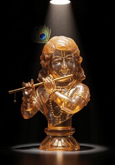 A golden krishna statue is playing the flute under a spotlight