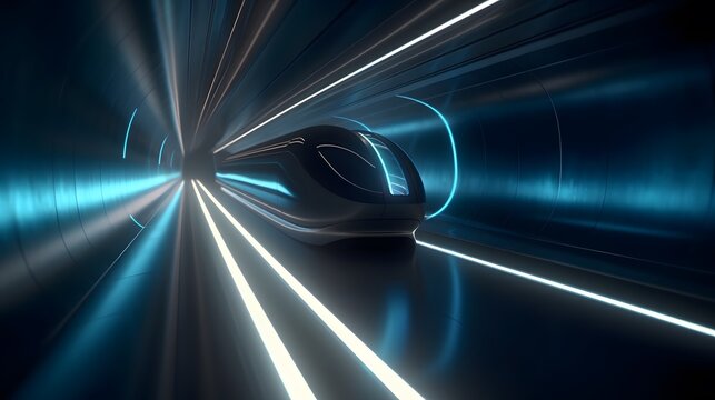 A sleek Hyperloop pod traveling through a high-speed futuristic tunnel. The scene depicts cutting-edge transportation technology in motion.