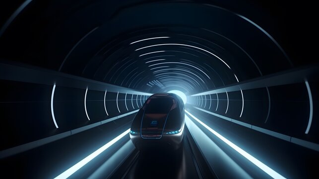A sleek Hyperloop pod traveling through a high-speed futuristic tunnel. The scene depicts cutting-edge transportation technology in motion.