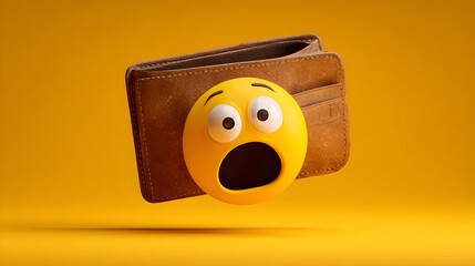 Cartoon Style Image of an Empty Wallet with a Shocked Emoji Hovering Above to Express Financial Surprise or Concern