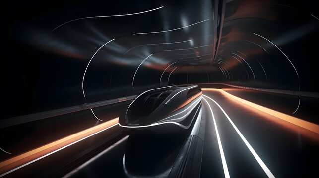 A sleek Hyperloop pod traveling through a high-speed futuristic tunnel. The scene depicts cutting-edge transportation technology in motion.