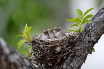 Obraz premium Three baby birds sitting inside nest on branch