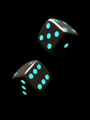 Dice on a dark background. Glow effect. Close up. 3d render. Illustration.