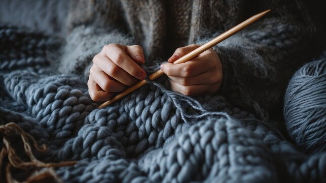 Close-up of hands knitting a chunky, gray blanket