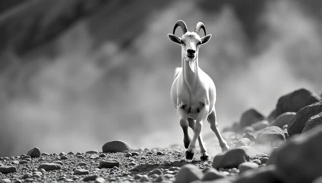 Nubian goat running freely across rocky terrain