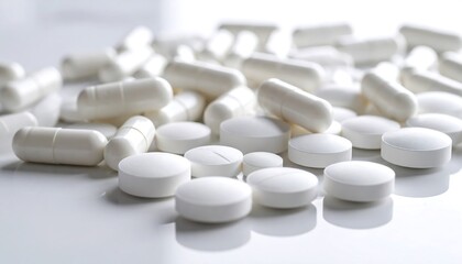 Close-up of various white pills and capsules