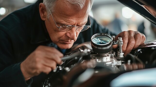 Elderly man wearing glasses closely inspects a car engine with a magnifying glass in a focused and detailed examination. - Powered by Adobe