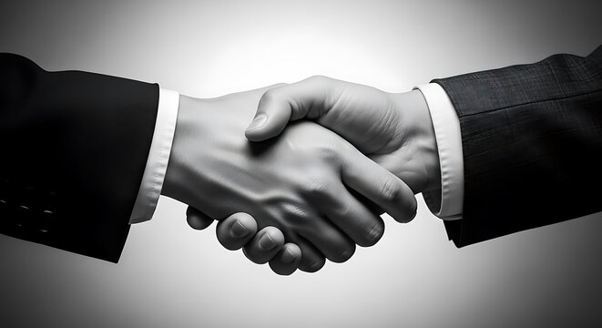 A black and white closeup of two men in suits shaking hands signifying a successful business deal and agreement