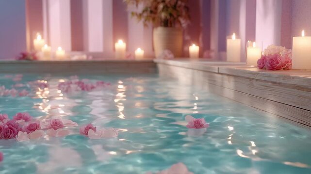 Soft pink rose petals float on clear water in serene spa pool surrounded by glowing candles and warm light creating peaceful relaxation and calming flower ambiance for ultimate tranquility