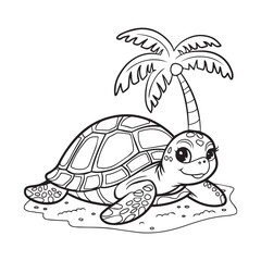  A black and white line art illustration of an adorable turtle resting peacefully on a sandy beach. 