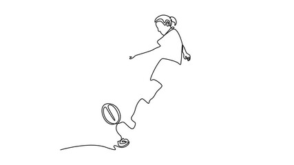 Animated self drawing of continuous line draw beauty female rugby player kicking ball to score goal on field at game, match, practice. Fitness, motion, energy, skill. Full length single line animation