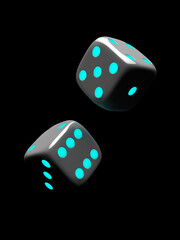 Dice on a dark background. Glow effect. Close up. 3d render. Illustration.