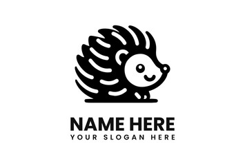 Cheerful Cartoon Hedgehog Logo Design in Bold Black Silhouette.