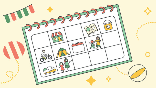 A colorful illustrated calendar with icons representing various activities like shopping reading camping cycling and family time suggesting a fun and organized schedule
