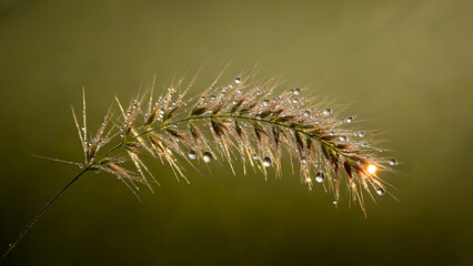 Obraz premium Dew Kissed Grass Seed Head Glistening in the Morning Light A Gentle and Serene Natural Scene