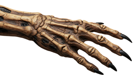 A skeletal monster hand with sharp claws isolated on transparent background