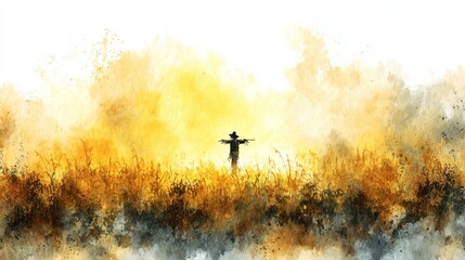 A man's contemplative journey through nature, serene landscape painting of solitude in an open field