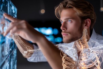 Young caucasian male engaging with futuristic digital display showing human anatomy