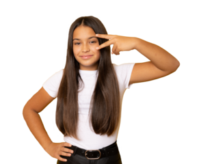 Photo of young smiling girl show peace cool v-symbol isolated over transparent background. PNG.