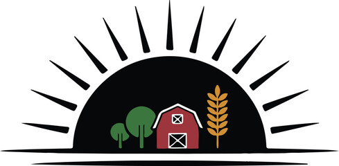 Sunrise over farm silhouette vector illustration desig