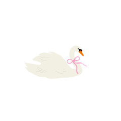 Cute simple flat style swan with a bow ribbon. Minimalistic swan illustration isolated on white.
