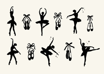 Ballerina and ballet shoes silhouette. Ballerina shoes with ribbon and bow. Isolated on white