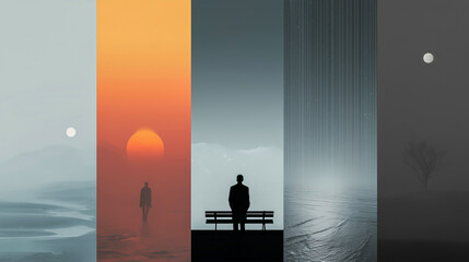 Obraz premium A conceptual art collage depicts five vertical panels, each illustrating different scenes of solitude and introspection featuring lone figures, suns, or moons across varying misty, minimalist landscap