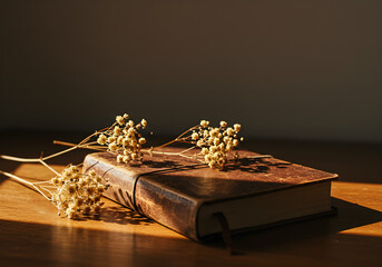 Leather Bound Journal with Dried Flowers on Wooden Desk | Vintage Style Diary for Creative Writing, Personal Reflections, and Nostalgic Inspiration