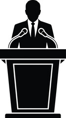 Silhouette of Man in Suit Giving Speech at Podium with Dual Microphones Vector Illustration
