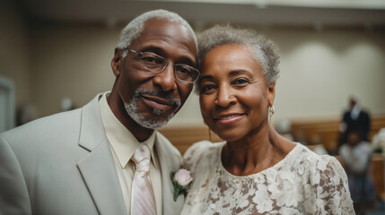 An elderly couple shares a warm moment at a black wedding celebration, enjoying a holiday atmosphere filled with flowers and love. They look happy and connected as guests mingle in the background.
