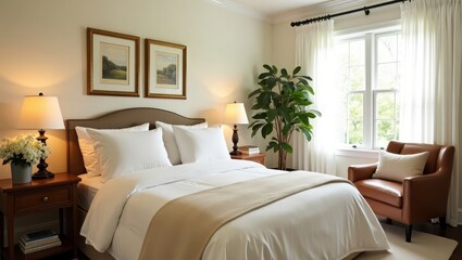 A bedroom interior showcasing a comfortable bed and a cozy armchair.