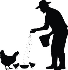 Silhouette of Farmer Feeding Chickens from Bucket with Grain Vector Illustration