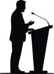 Silhouette of Man Speaking at Podium with Microphone Vector Illustration
