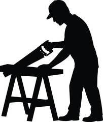 Silhouette of Carpenter Cutting Wood with Hand Saw on Workbench Vector Illustration